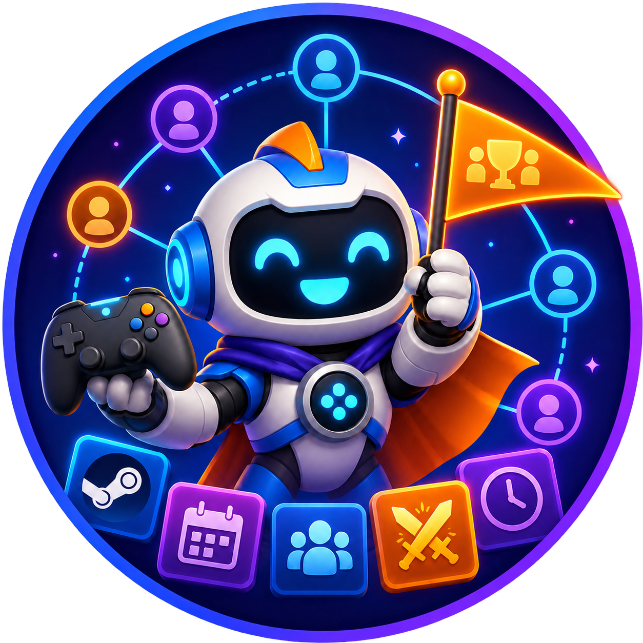 Friendly GamePlan robot holding a controller and game-night flag, surrounded by connected players and planning icons